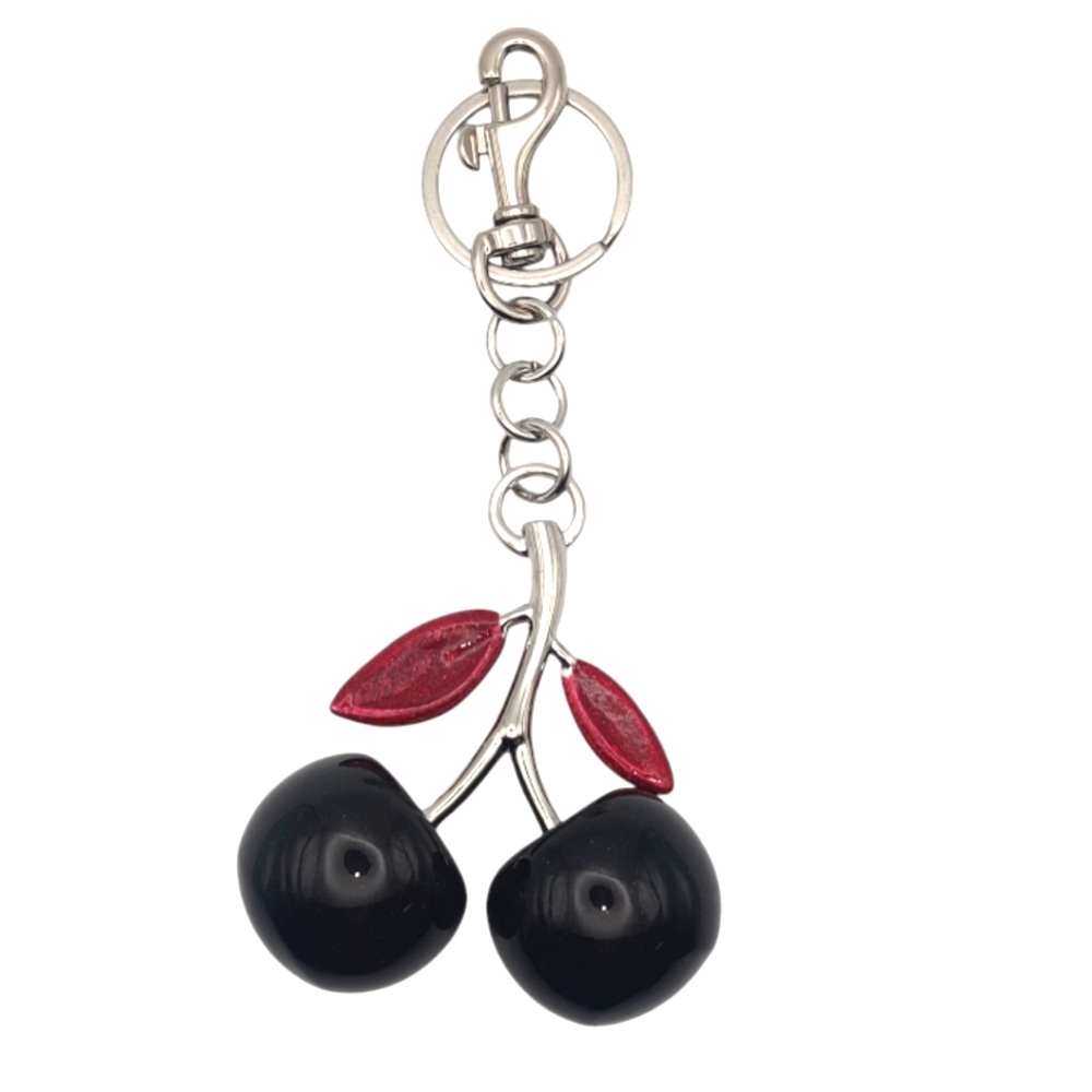 Cherry Bag Charm Keychain Black Glitter  w/ Red leaves NWT Silver tone hardware